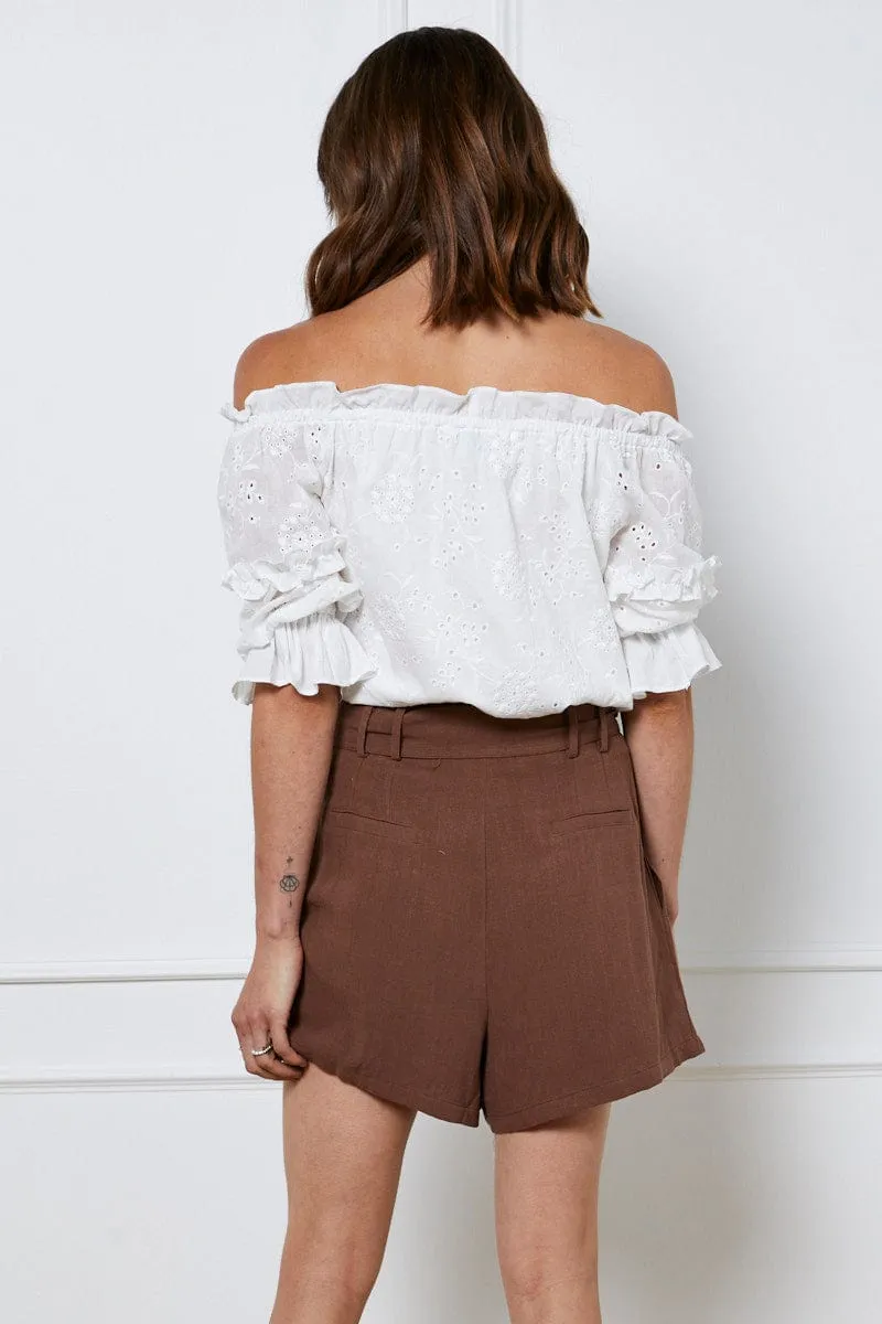 Brown Belted Shorts High Waist Linen