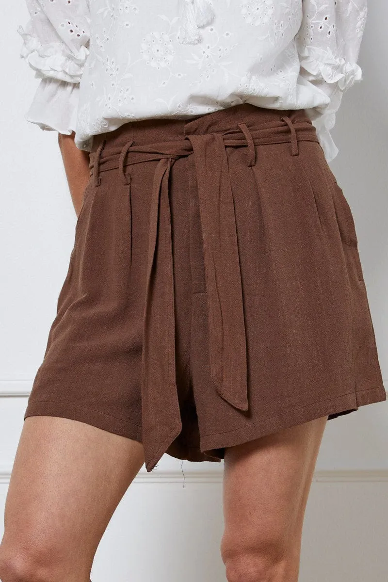 Brown Belted Shorts High Waist Linen