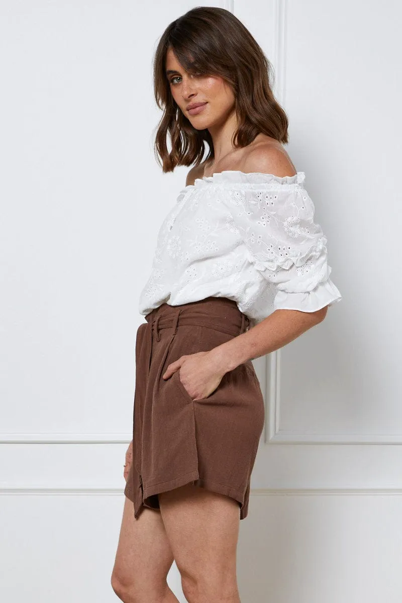 Brown Belted Shorts High Waist Linen