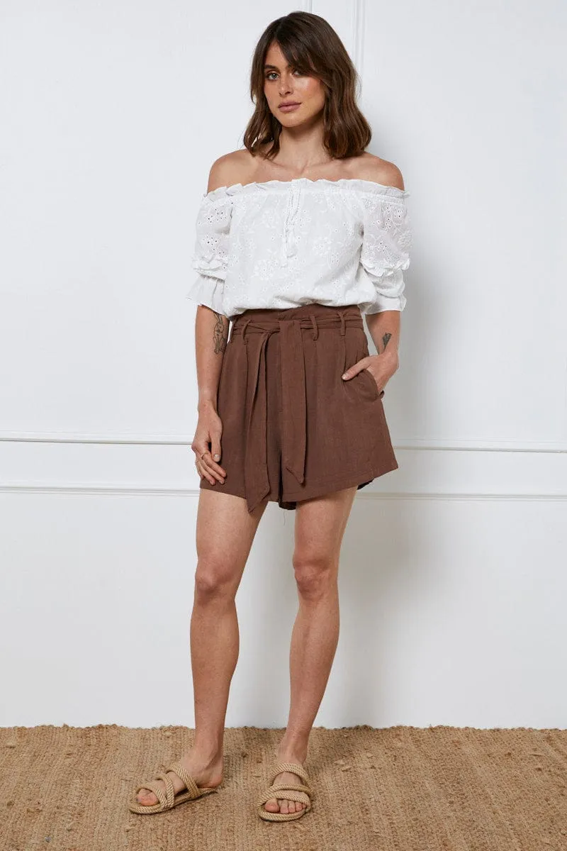 Brown Belted Shorts High Waist Linen