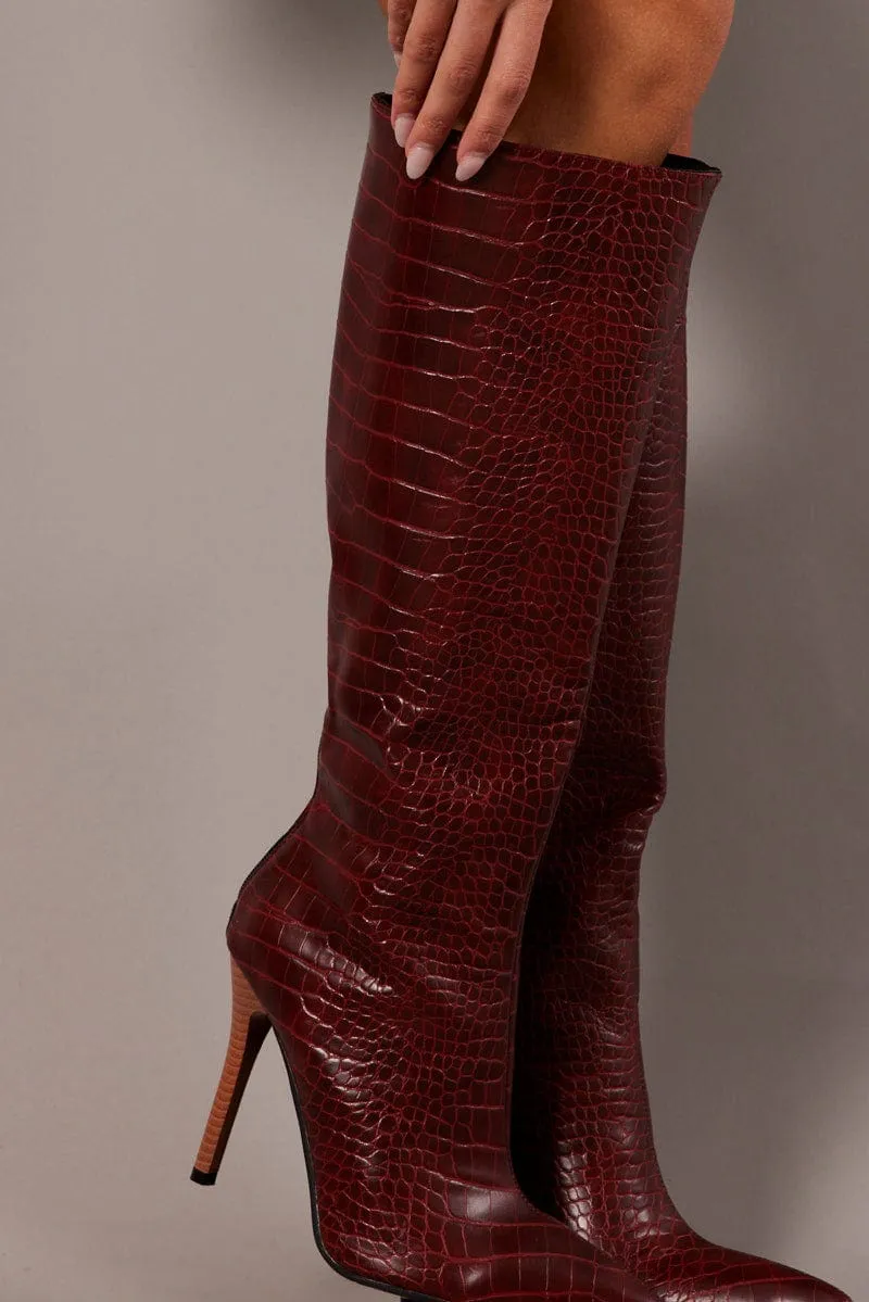 Brown Heeled Knee High Boots in Croc