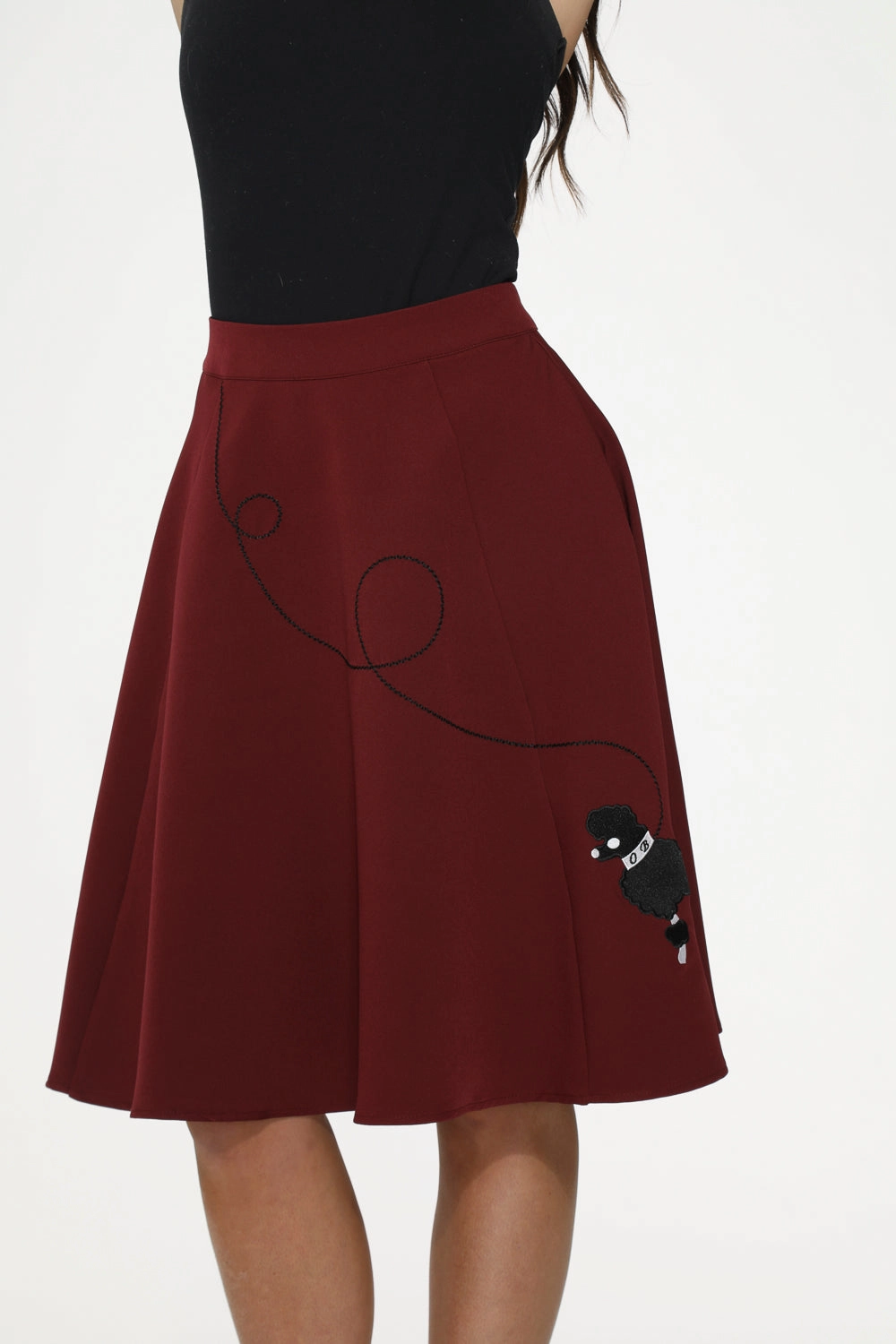Burgundy Black Embroidered Poodle Swing Skirt