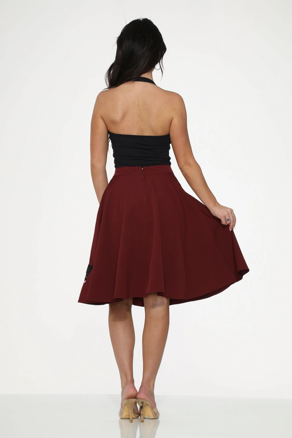 Burgundy Black Embroidered Poodle Swing Skirt
