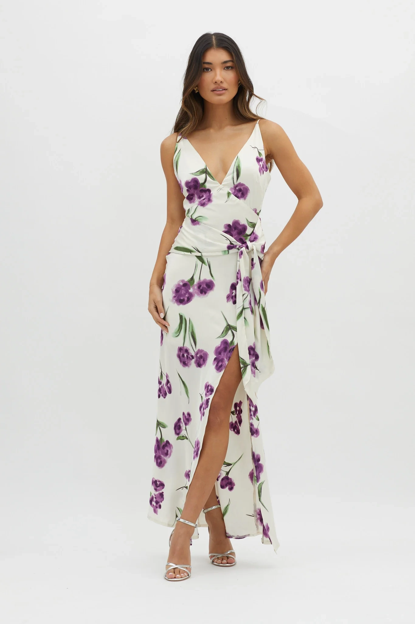 Corinna Tied Waist Split Dress Floral Purple