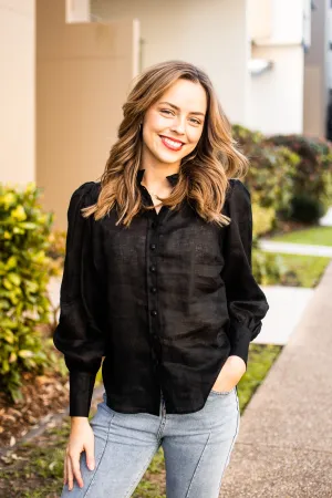 Fria Jessamine Linen Peasant Blouse Black
