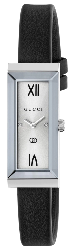 Gucci G-Frame Stainless Steel Silver-Tone Dial Black Leather Strap Diamonds Rectangle Quartz Womens Watch YA127515
