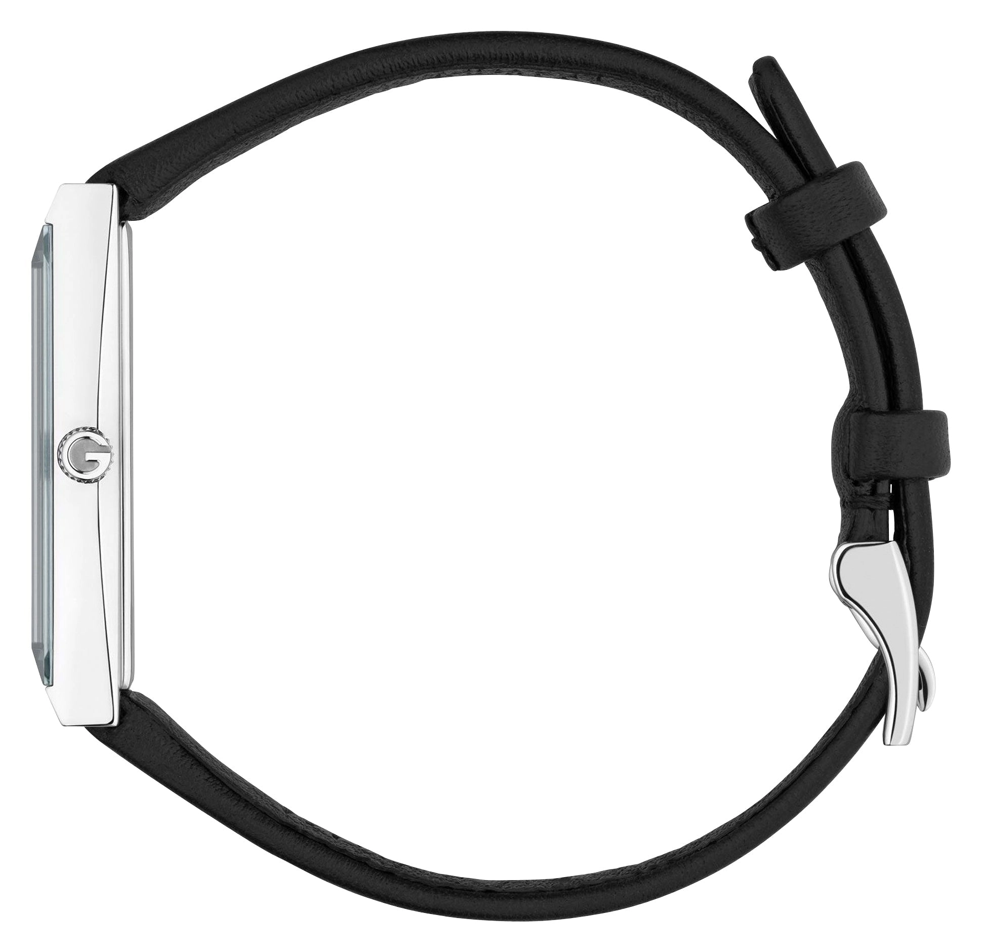 Gucci G-Frame Stainless Steel Silver-Tone Dial Black Leather Strap Diamonds Rectangle Quartz Womens Watch YA127515