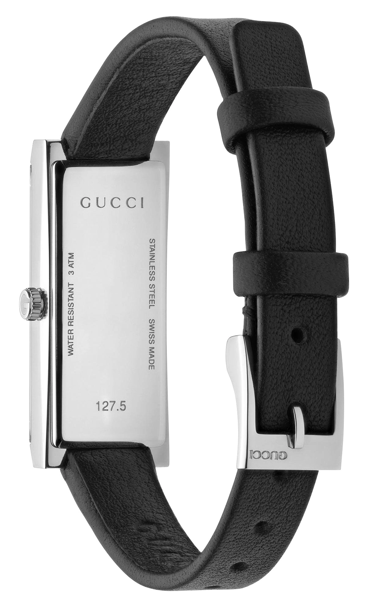 Gucci G-Frame Stainless Steel Silver-Tone Dial Black Leather Strap Diamonds Rectangle Quartz Womens Watch YA127515