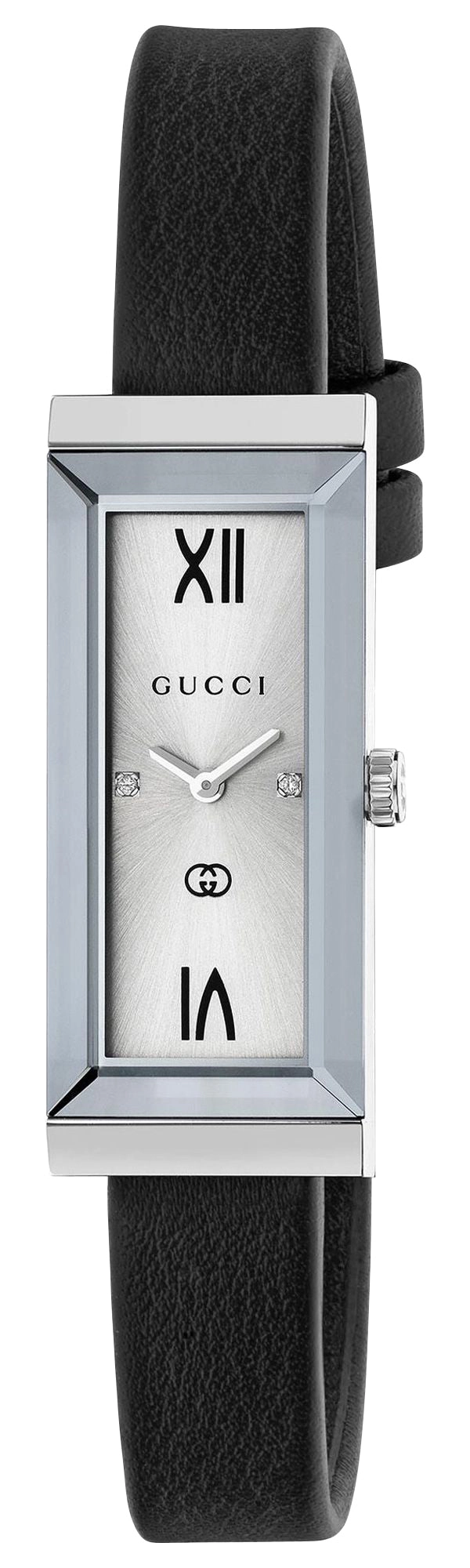 Gucci G-Frame Stainless Steel Silver-Tone Dial Black Leather Strap Diamonds Rectangle Quartz Womens Watch YA127515