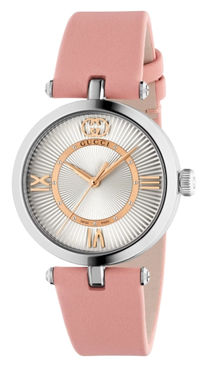Gucci Model 2000 Stainless Steel Silver Dial Pink Leather Strap Quartz Womens Watch YA167506