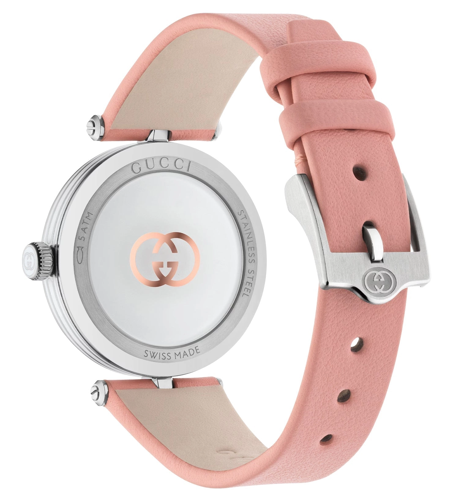 Gucci Model 2000 Stainless Steel Silver Dial Pink Leather Strap Quartz Womens Watch YA167506