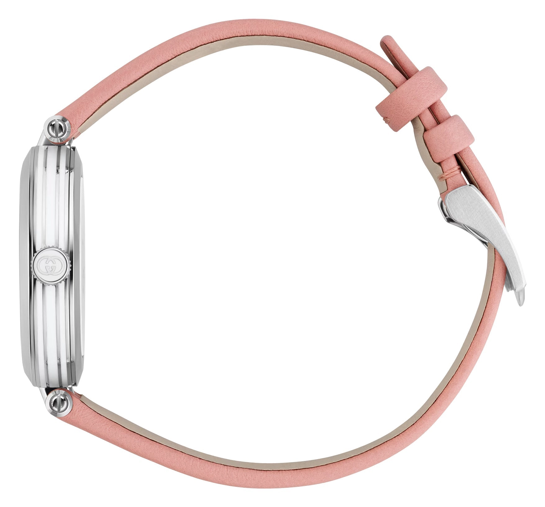 Gucci Model 2000 Stainless Steel Silver Dial Pink Leather Strap Quartz Womens Watch YA167506