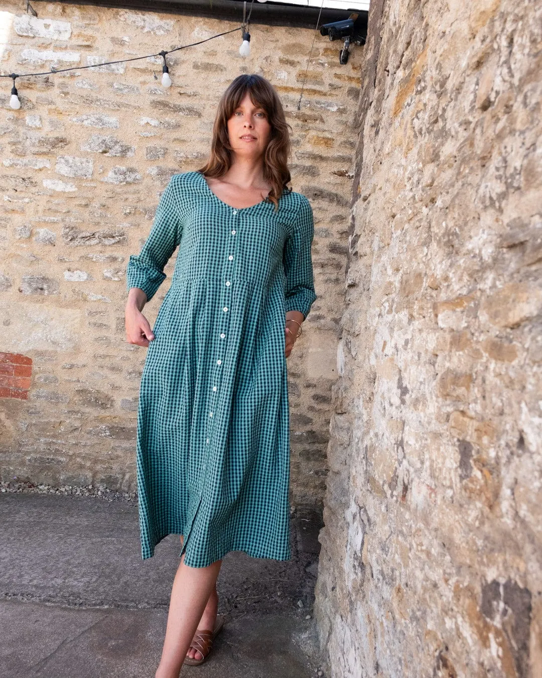 Jane Women's Cotton Midi Dress | Duck Egg Gingham