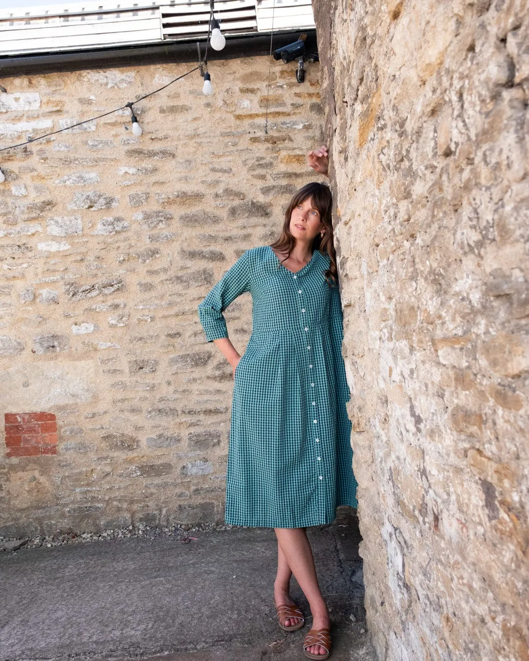 Jane Women's Cotton Midi Dress | Duck Egg Gingham