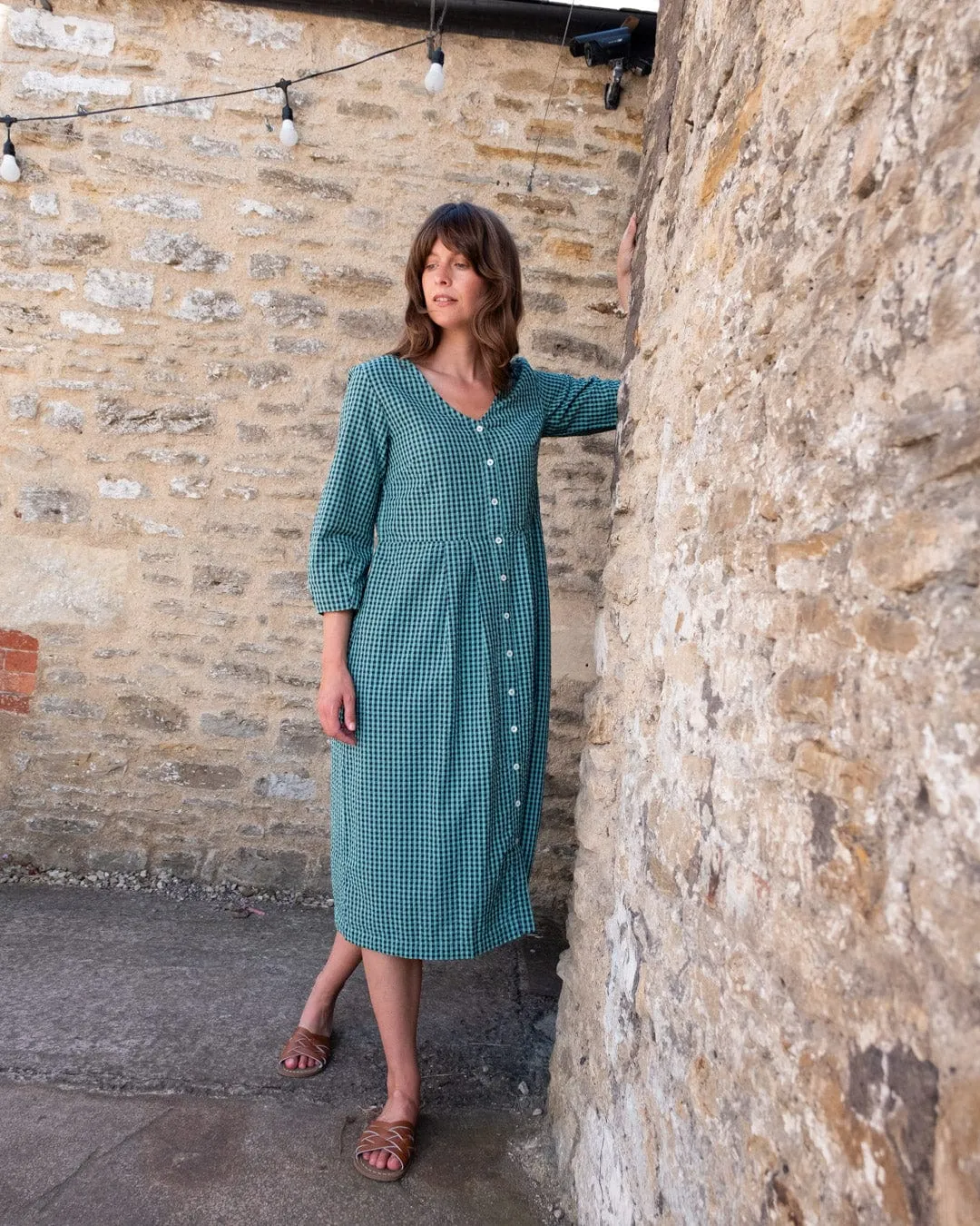 Jane Women's Cotton Midi Dress | Duck Egg Gingham