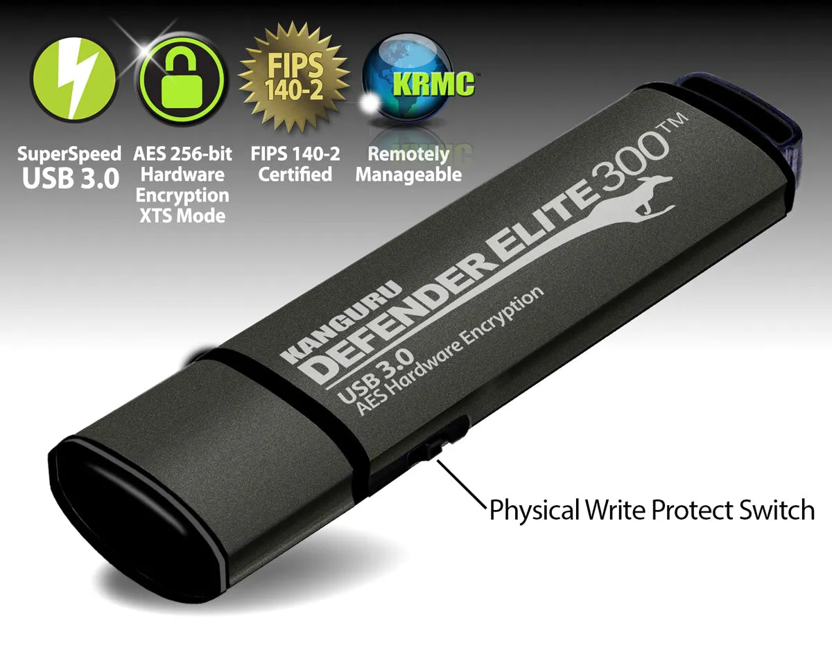 Kanguru Defender Elite300™ FIPS 140-2 Certified, Secure, SuperSpeed USB 3.0, Hardware Encrypted Flash Drive