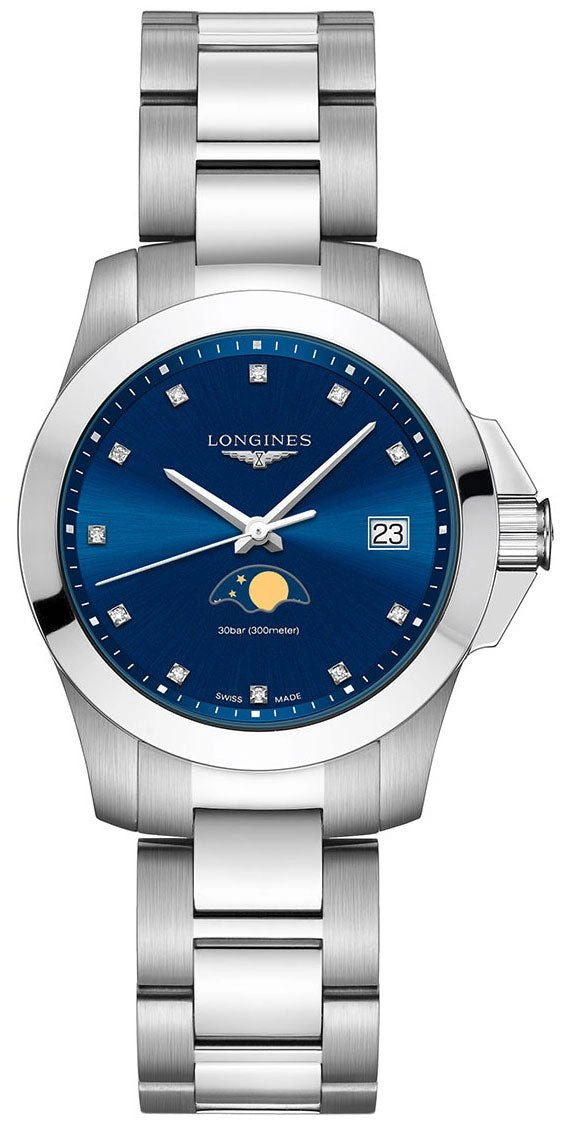 Longines Conquest Stainless Steel Blue Dial Diamonds Date Moonphase Quartz Womens Watch L3.381.4.97.6