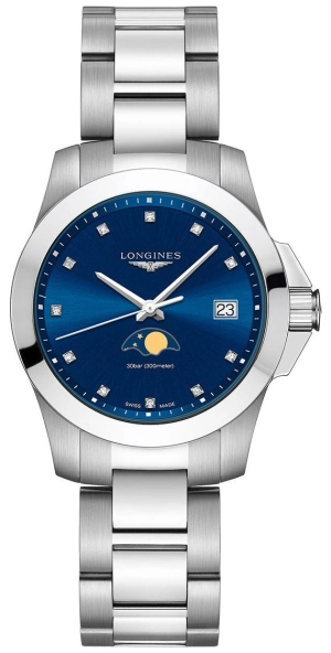 Longines Conquest Stainless Steel Blue Dial Diamonds Date Moonphase Quartz Womens Watch L3.381.4.97.6