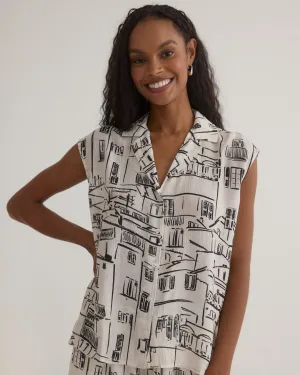 Printed Button Front Cap Sleeve - Amalfi Sketch Print