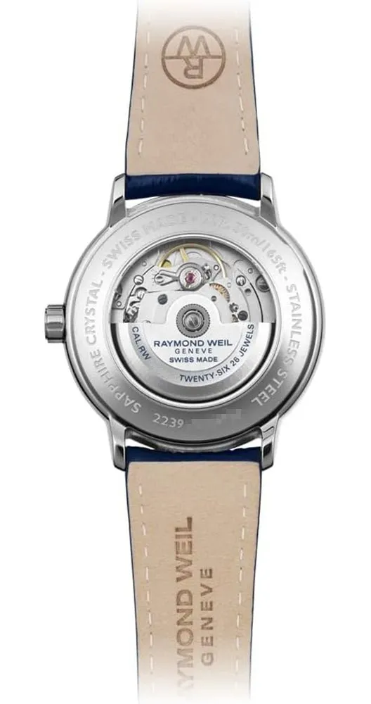 Raymond Weil Maestro Automatic Stainless Steel Silver Dial Blue Leather Strap Moonphase Date Mens Watch 2239-STC-00659