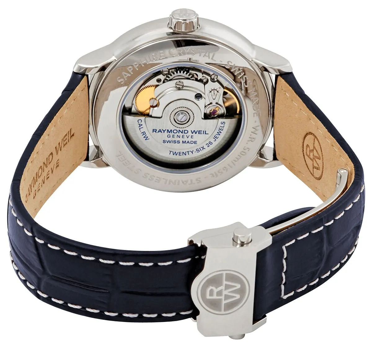 Raymond Weil Maestro Automatic Stainless Steel Silver Dial Blue Leather Strap Moonphase Date Mens Watch 2239-STC-00659