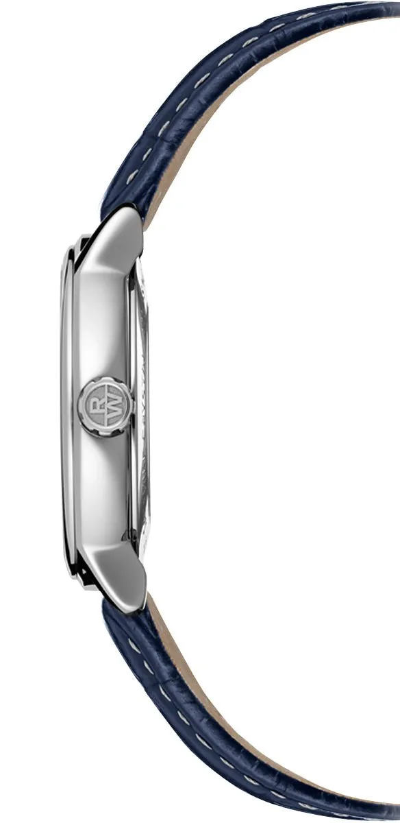 Raymond Weil Maestro Automatic Stainless Steel Silver Dial Blue Leather Strap Moonphase Date Mens Watch 2239-STC-00659