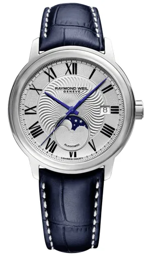 Raymond Weil Maestro Automatic Stainless Steel Silver Dial Blue Leather Strap Moonphase Date Mens Watch 2239-STC-00659