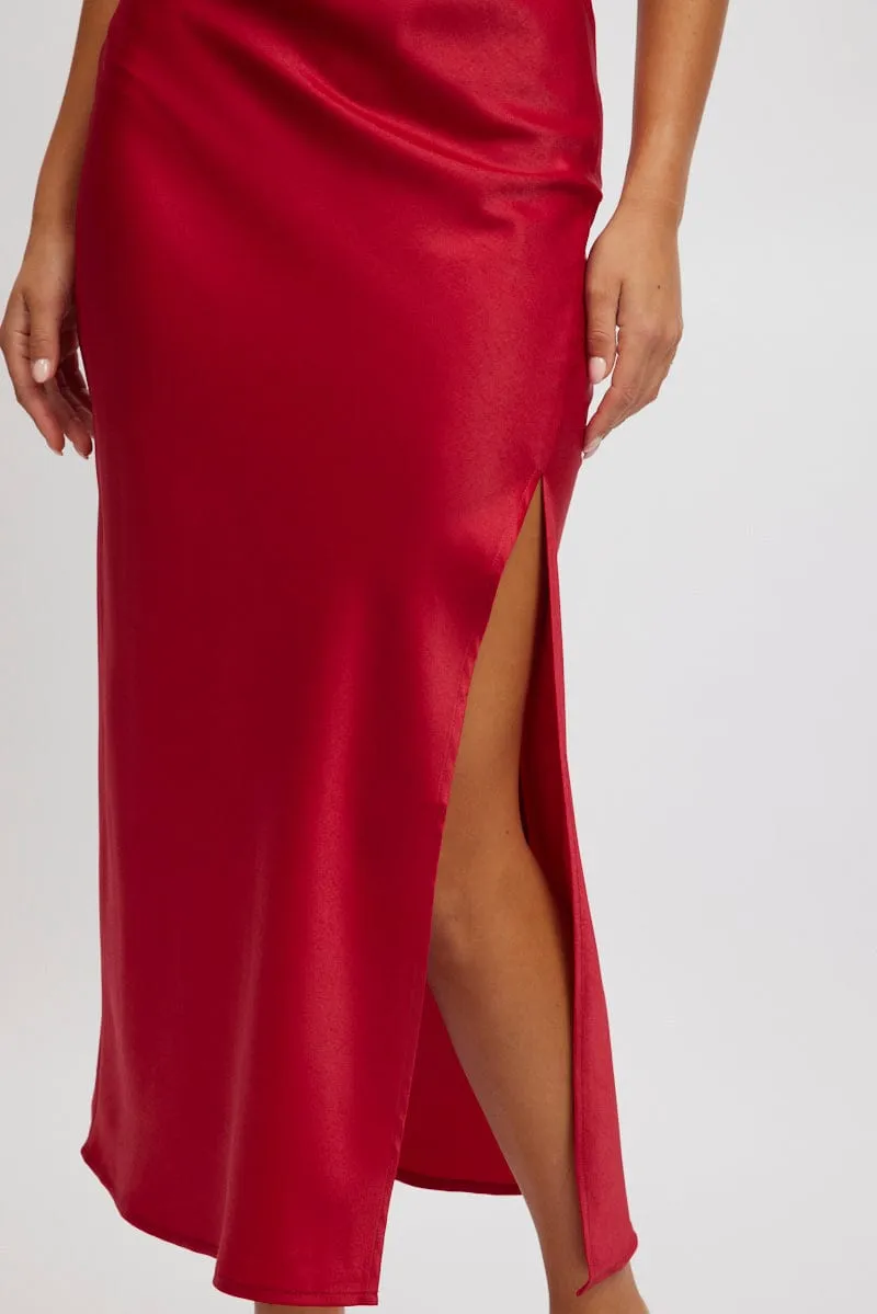 Red Slip Skirt High Waist Front Split Midaxi Satin