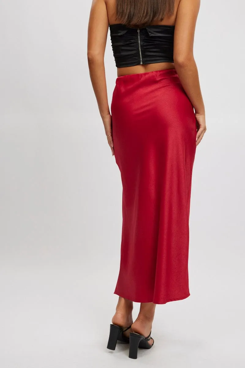Red Slip Skirt High Waist Front Split Midaxi Satin