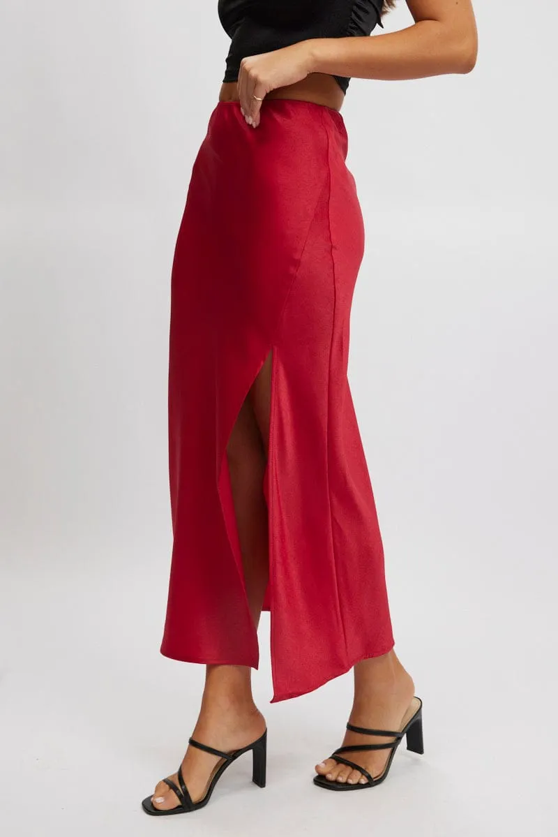 Red Slip Skirt High Waist Front Split Midaxi Satin
