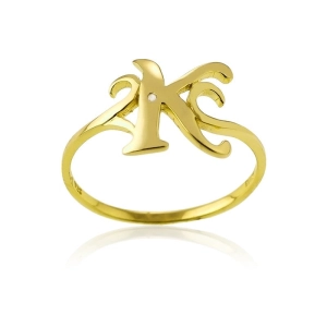 Sterling Silver 1 Micron GP Single CZ "K" Ring - W-9501
