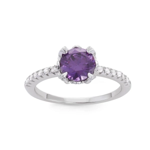 Sterling Silver Center Round Amethyst with CZ Band Ring - W-1526