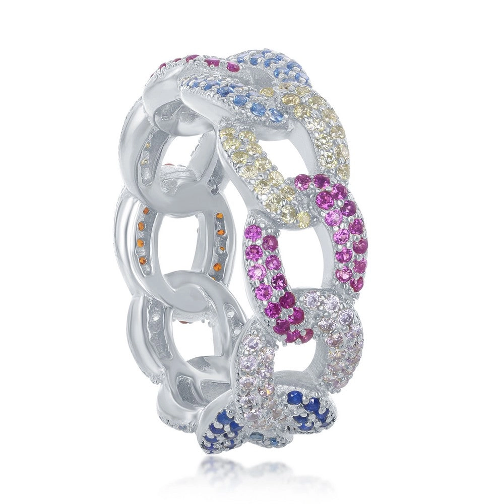 Sterling Silver Multi-Color CZ Cuban Link Ring - W-2443