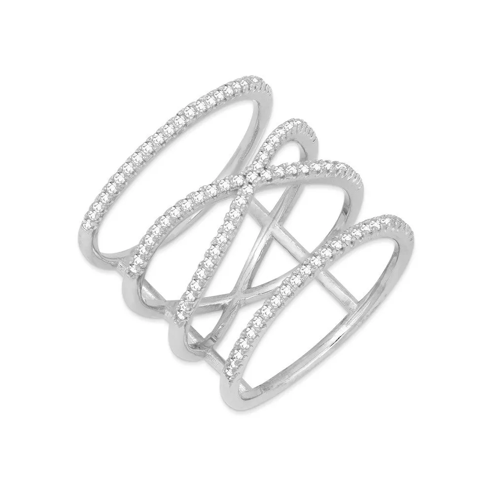 Sterling Silver Open X with Border CZ Ring - W-1230