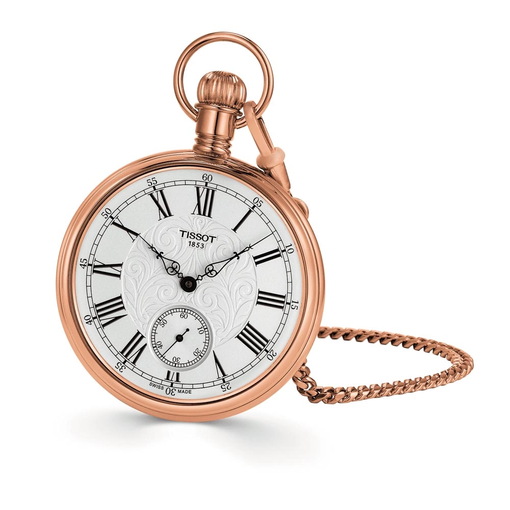 Tissot Lepine Mechanical Rose Gold Plated Brass 51mm Silver Embossed Dial Manual Wound Pocket Watch T8614059903301