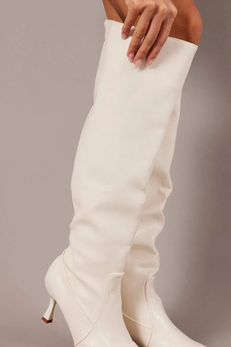 White Heeled Knee High Boots