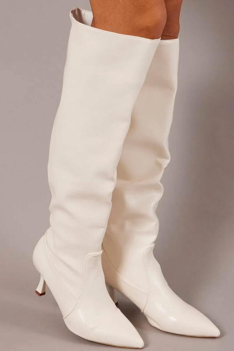 White Heeled Knee High Boots